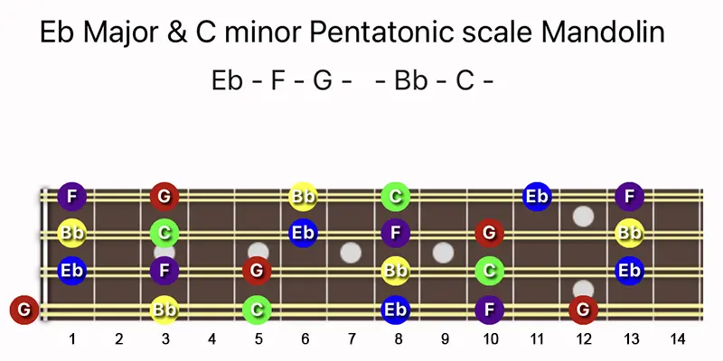 E♭ Major & C minor Pentatonic scale notes on a Mandolin fretboard