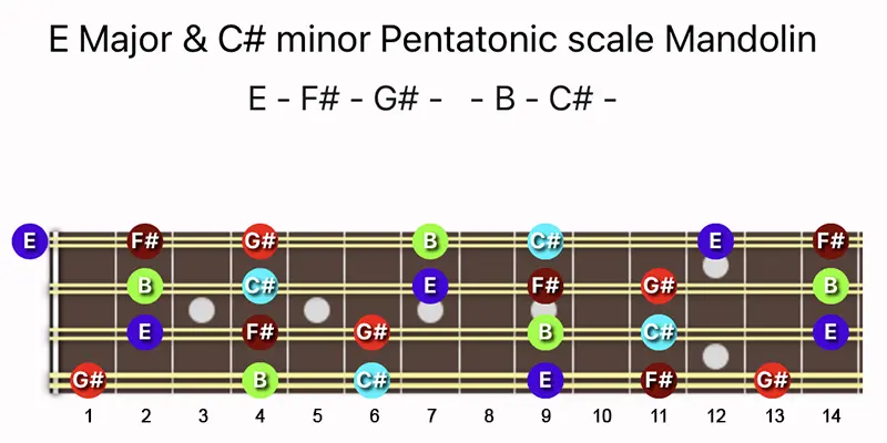 E Major & C♯ minor Pentatonic scale notes on a Mandolin fretboard