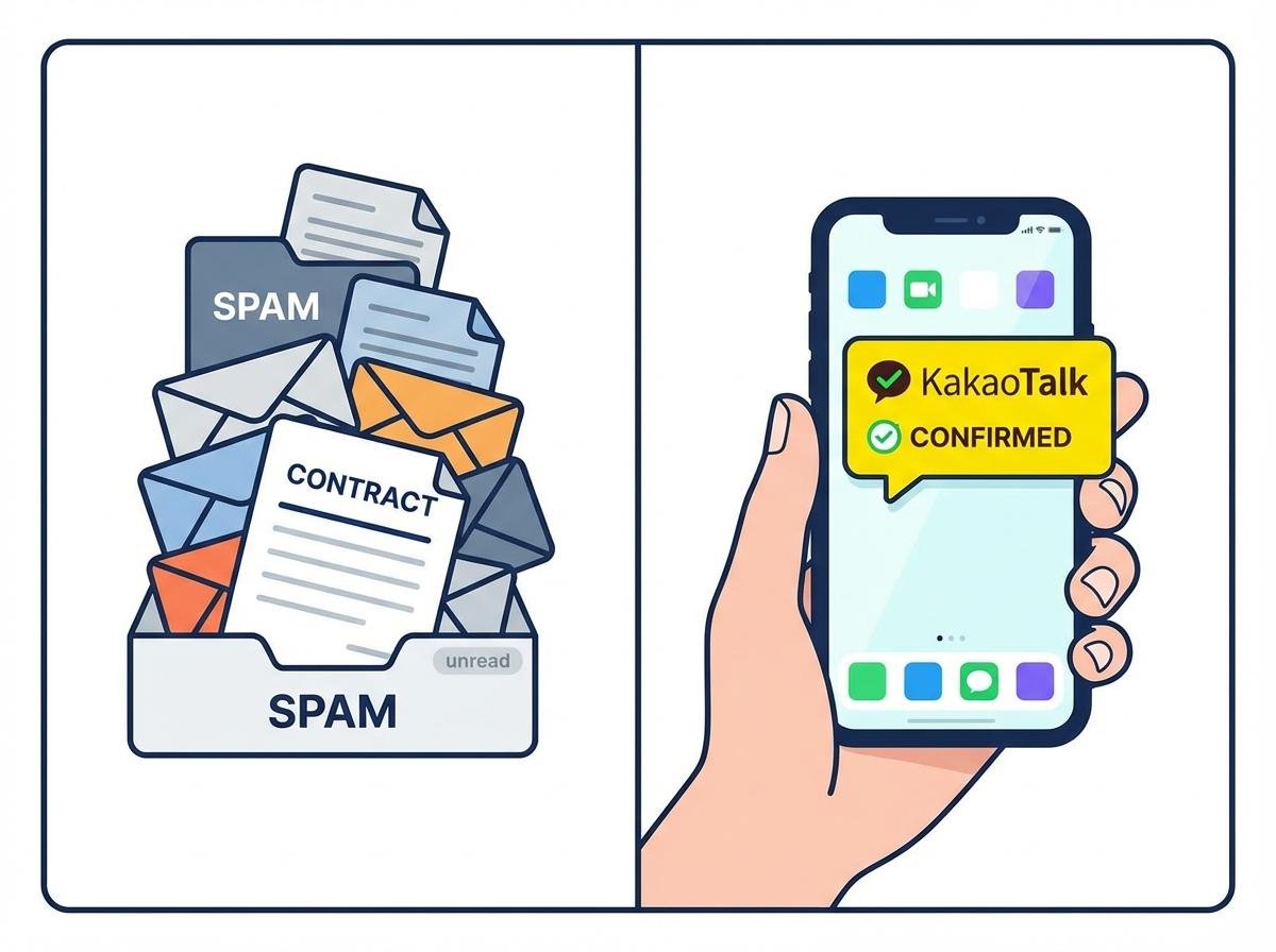 이메일 스팸함에 묻힌 계약서와 카카오톡 즉시 알림 비교 이미지
