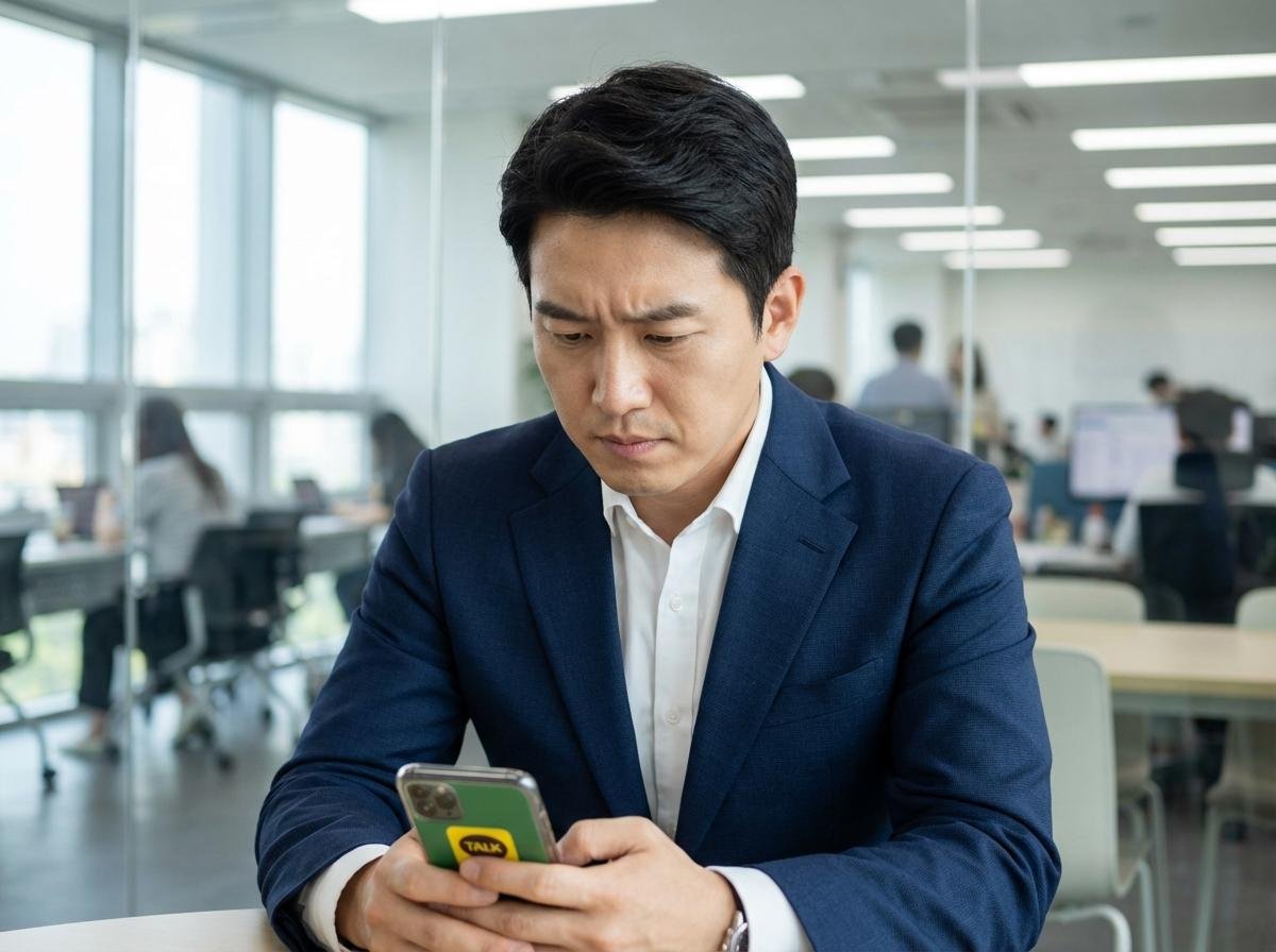 스마트폰에서 카카오톡 메시지를 확인하는 비즈니스맨의 모습