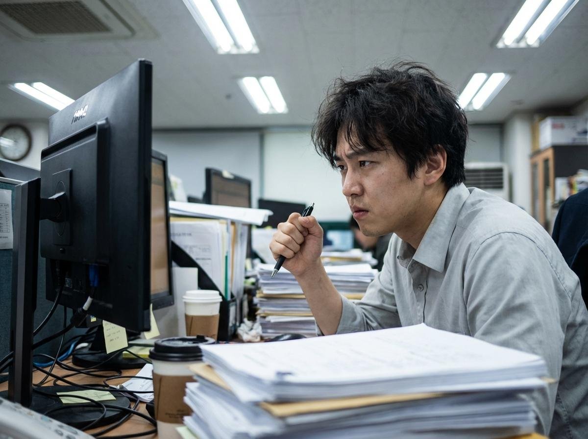 반복되는 업무로 스트레스받는 사무직 직장인의 책상 풍경