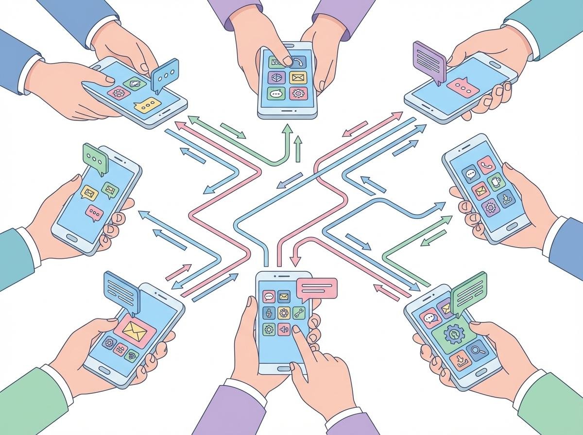 여러 개의 스마트폰에서 동시에 메시지가 발송되는 모습