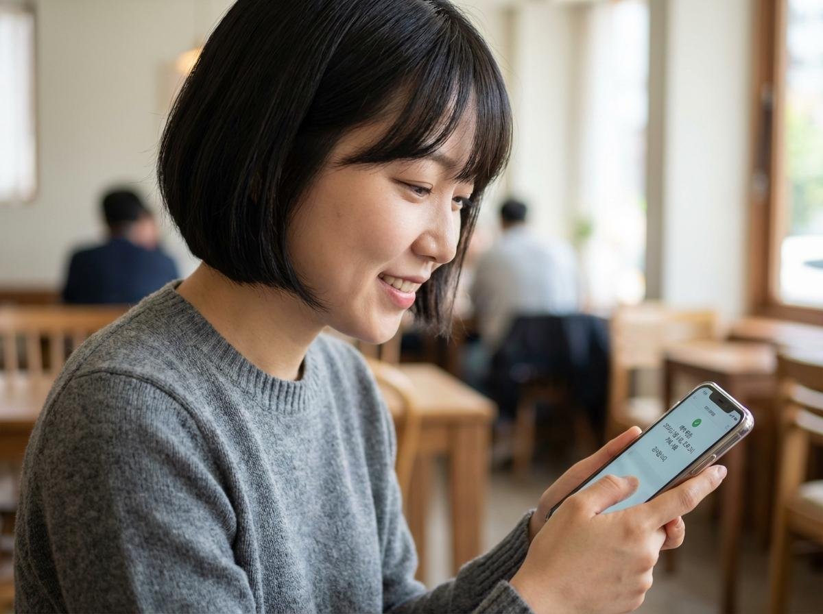 스마트폰으로 예약 확인 문자를 확인하는 고객의 모습