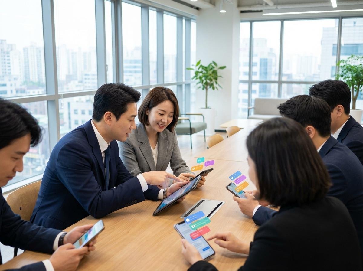 알림톡 도입을 검토하는 사업자들의 회의 장면