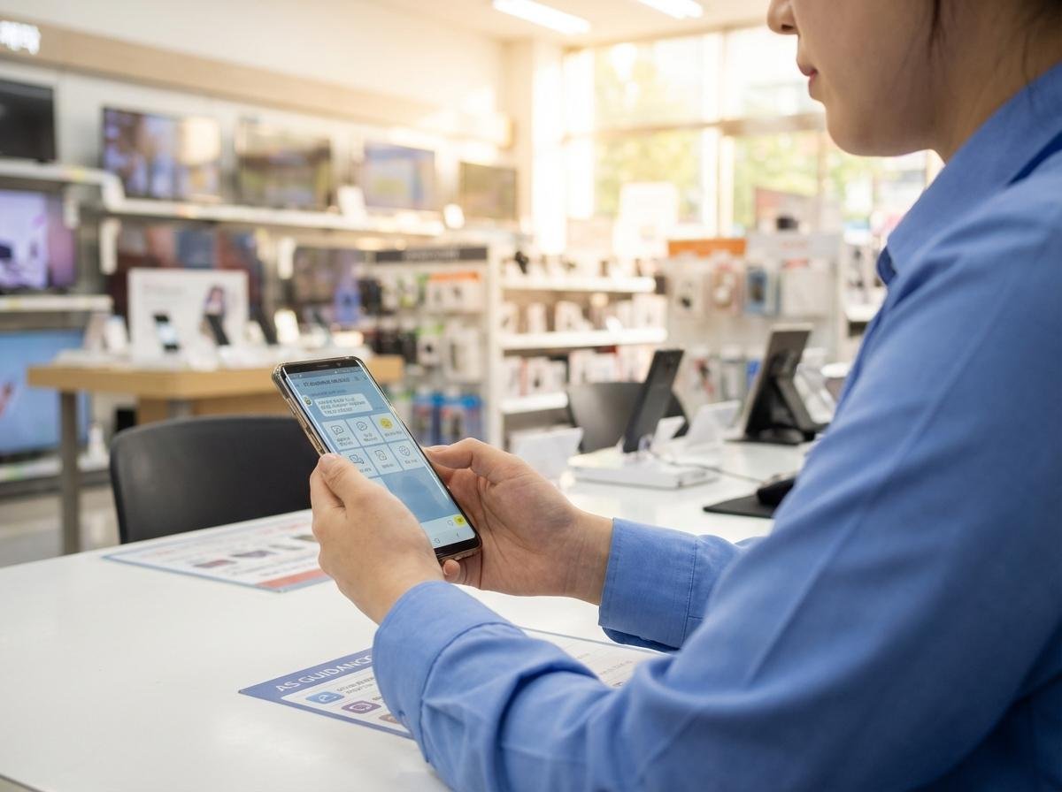 전자제품 매장에서 AS 안내 메시지를 발송하는 직원의 모습