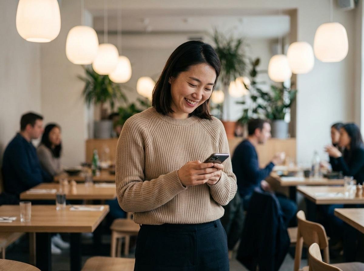 음식점에서 만족한 고객이 휴대폰을 보는 모습