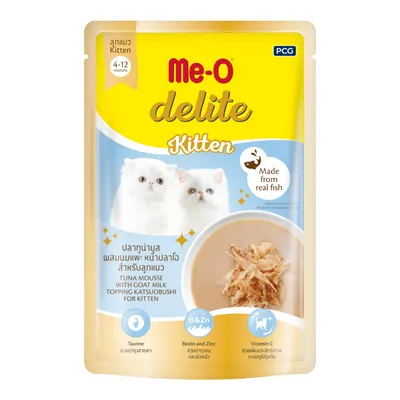 Pate Me-O Delite Cho Mèo Con Vị Cá Ngừ Dạng Mousse Với Sữa Dê Rắc Cá Bào Gói 70g