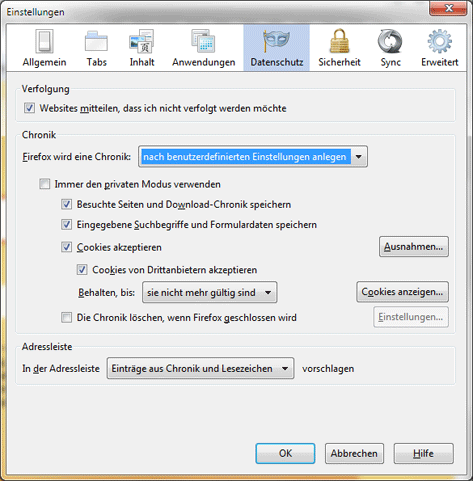 Firefox Einstellungen, Datenschutz Einstellungen um eine benutzerdefinierte Chronik anzulegen