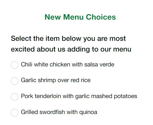 new menu choices