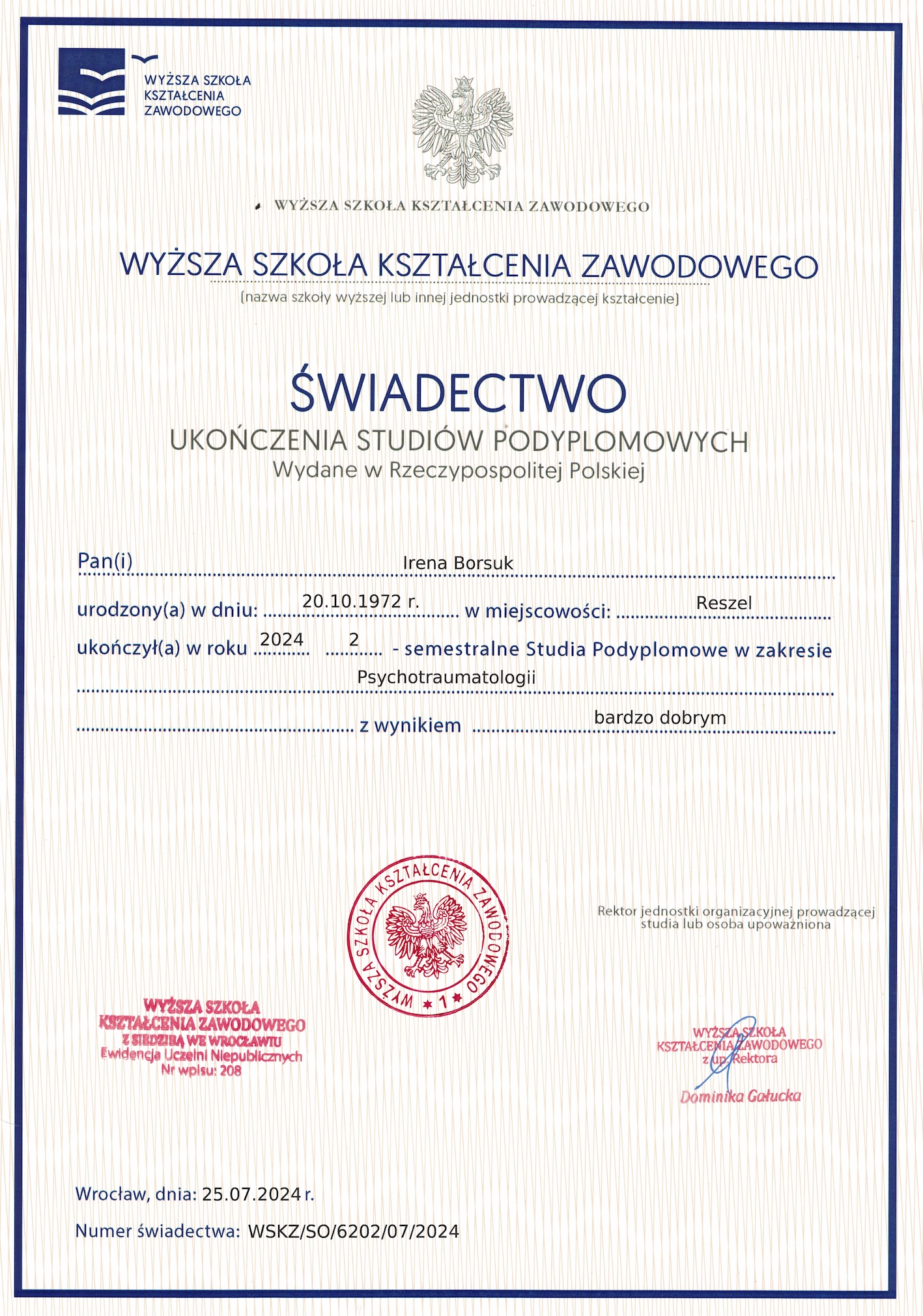 Dyplom Psychotraumatologia