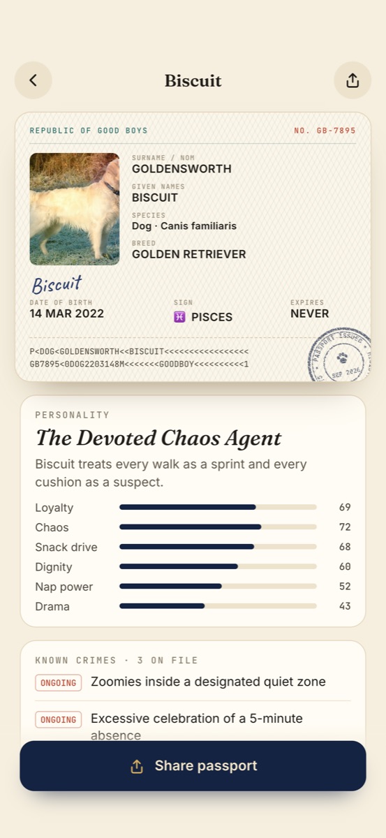 Passport data page with portrait, zodiac and machine-readable zone