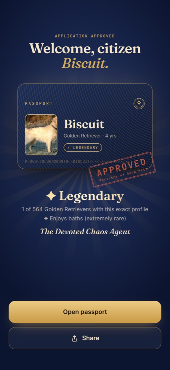 Pet Pass reveal screen: Welcome, citizen Biscuit, rated Legendary