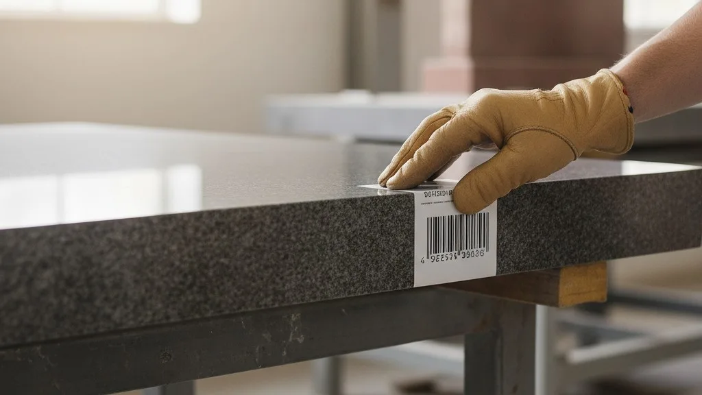 A hand carefully applies a barcode label to the edge of a granite slab.