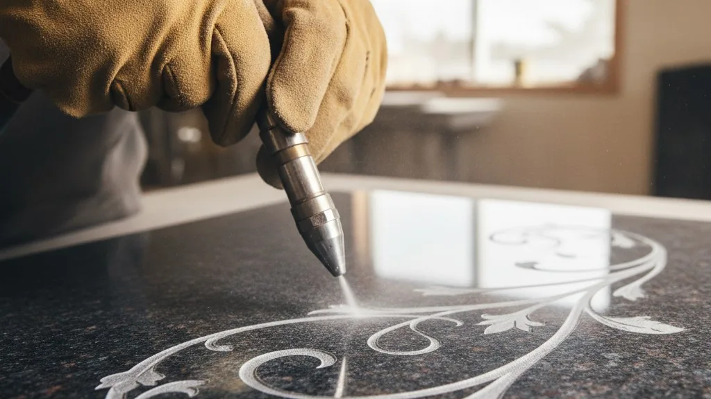 A craftsperson's hands carefully sandblasting a design onto a granite monument.