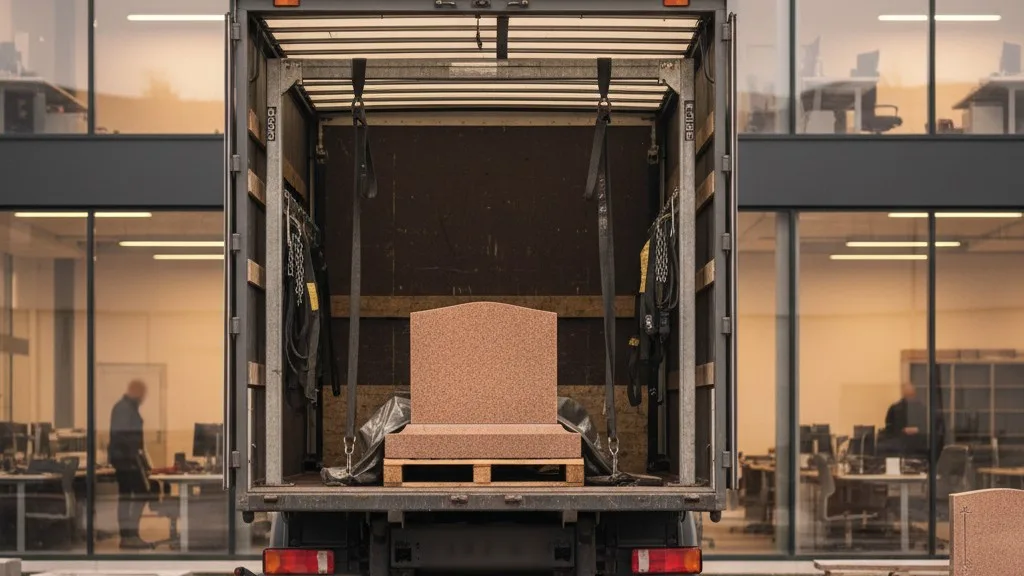 The back of a monument company delivery truck, equipped with straps and tools.