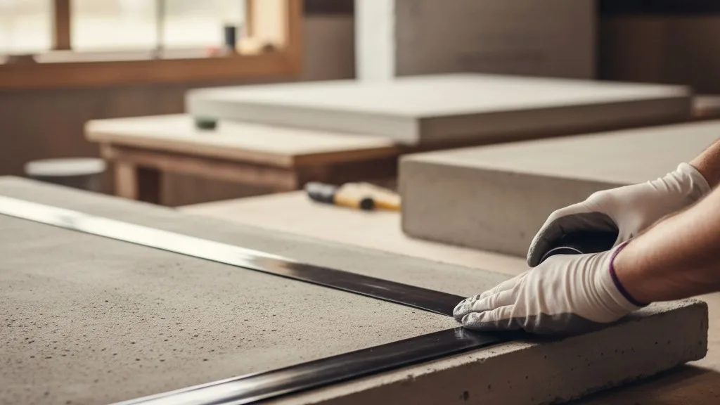 Hands carefully applying a sealant strip to the lid of a burial vault.