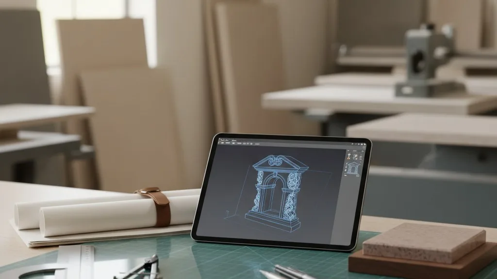 A tablet showing a monument design rests on a workbench next to stone samples and drafting tools.