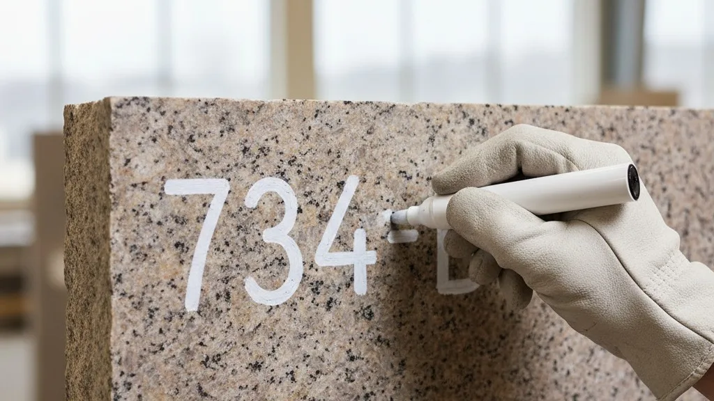 A worker's hand writing an inventory identification number on the side of a granite slab.