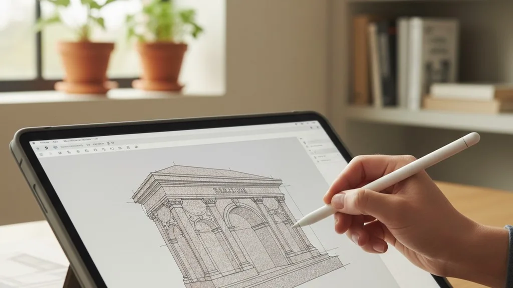 A designer's hands working on a headstone design on a graphics tablet.