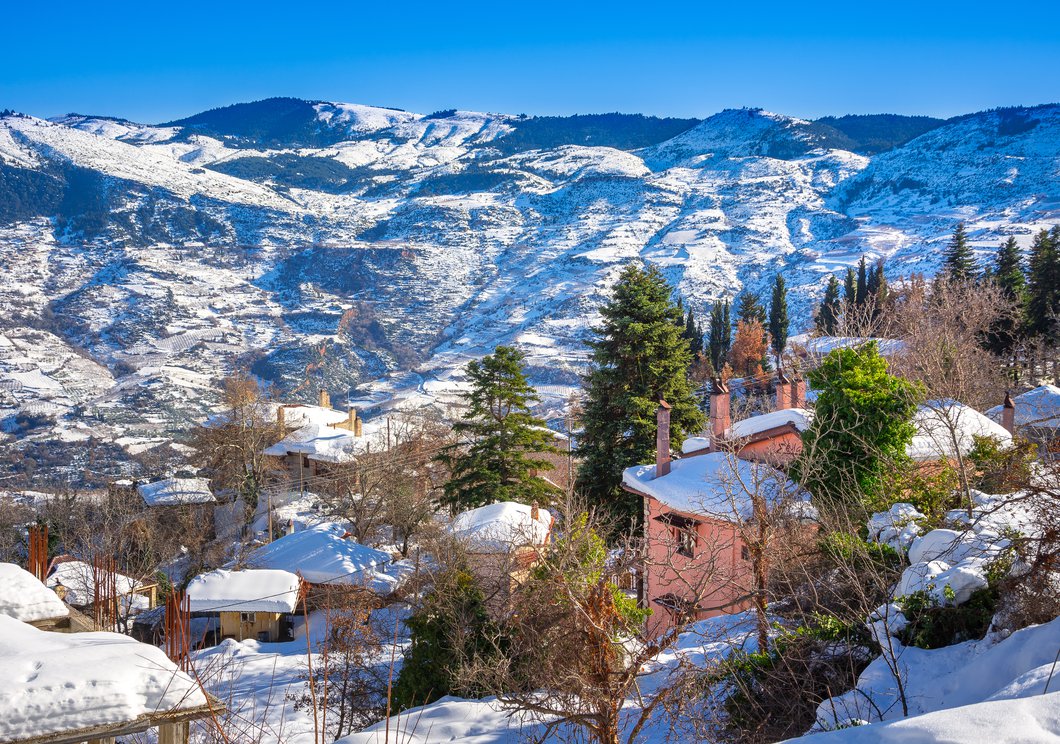 Panoramic view of snowy village of Pano Trikala Korinthias