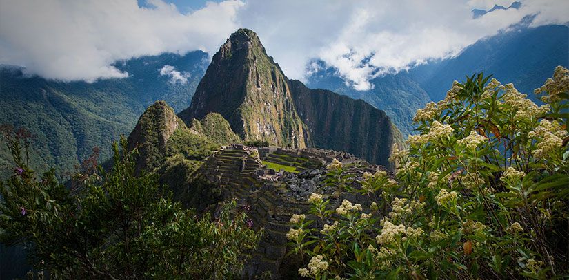 Machu Picchu Mountain towering about the ruins of the ancient Inca citadel on a partly cloudy day and surrounding flora.