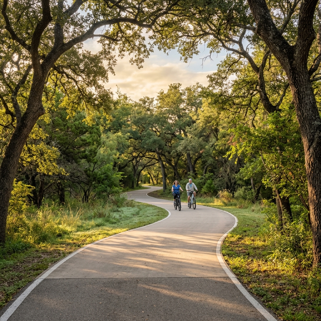 Electric bicycle parked on a paved trail along Leon Creek Greenway in San Antonio under Texas e-bike laws guide.