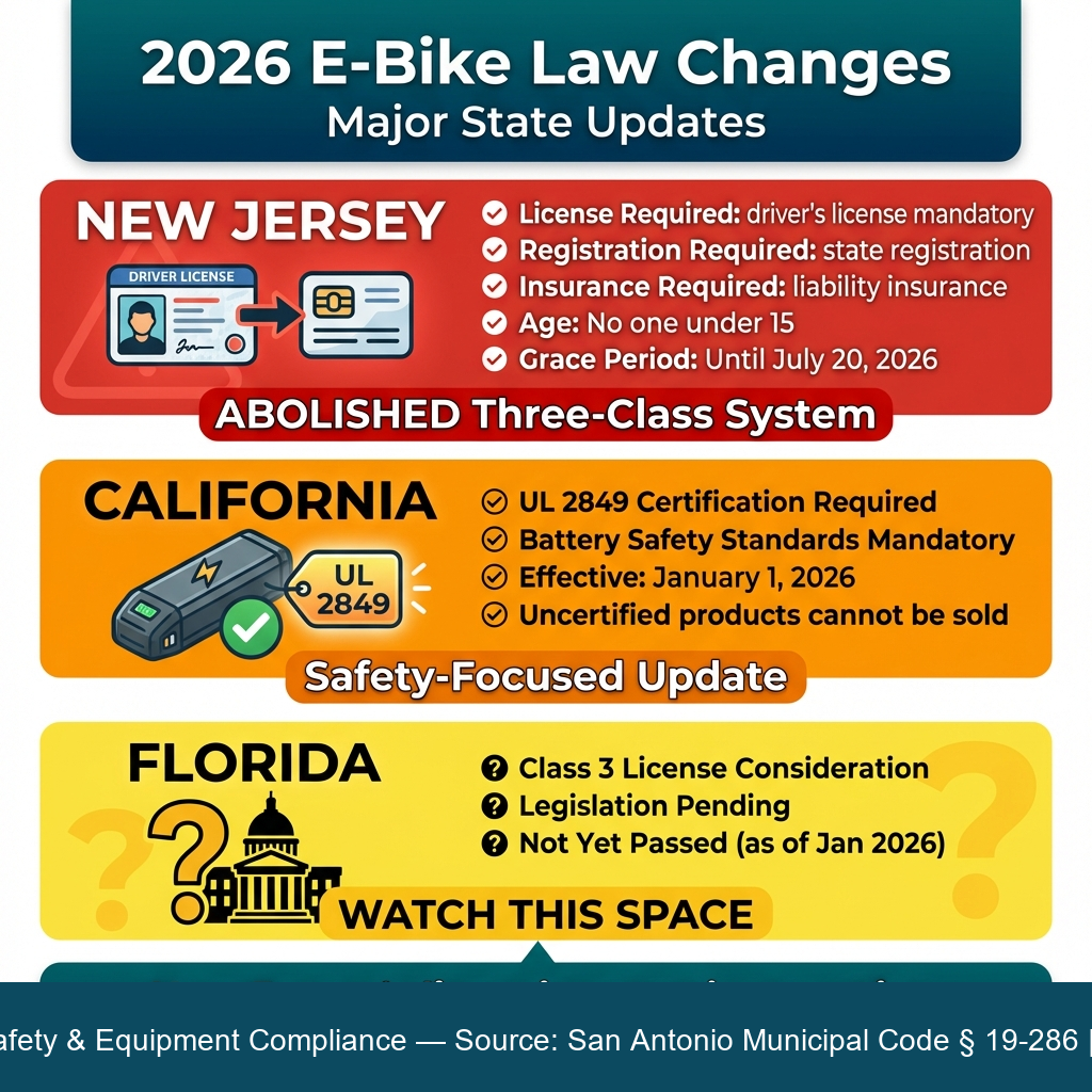 Rider inspecting LED front light and headlight required by Texas e-bike laws.