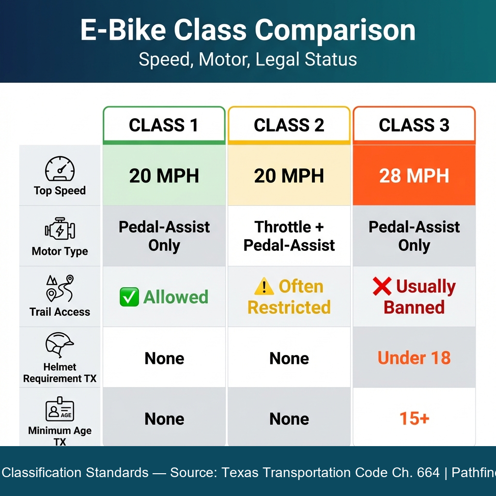 Close-up of Texas e-bike class sticker showing 750W motor and 20 mph speed cap.