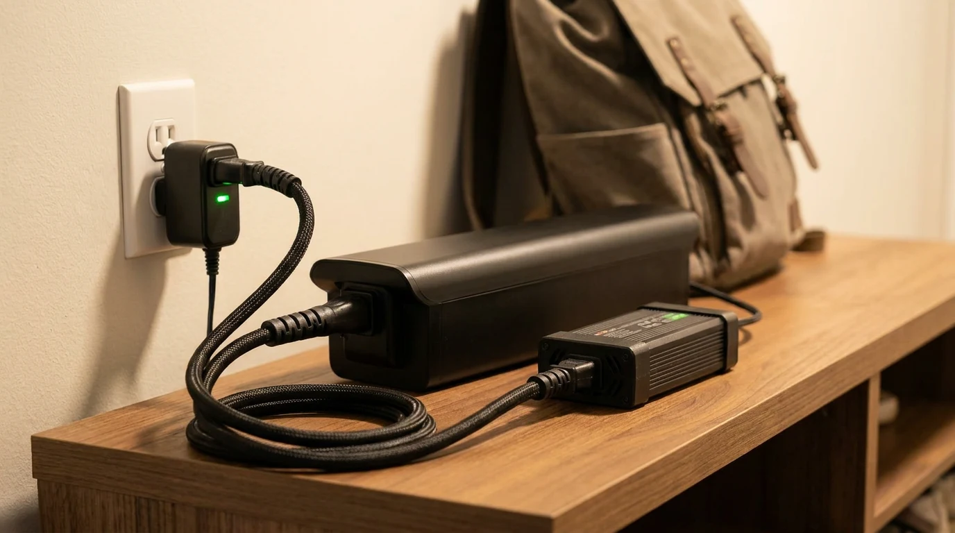 Smart e-bike charger plugged into wall showing green battery health indicator
