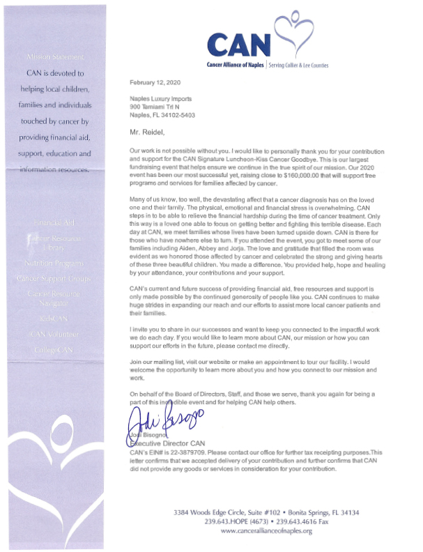 Cancer Alliance of Naples Thank You Letter