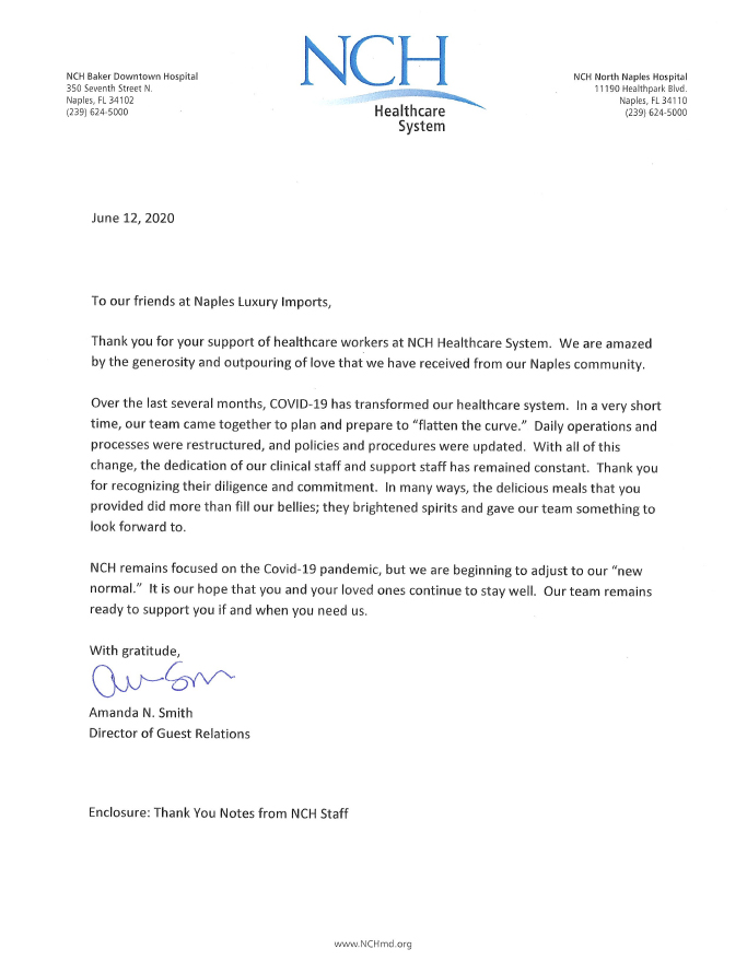 NCH Baker Downtown Hospital Thank You Letter