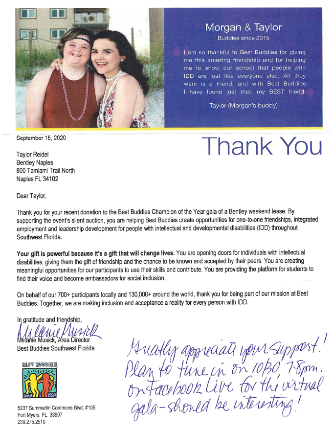 Best Buddies Southwest Florida Thank You Letter