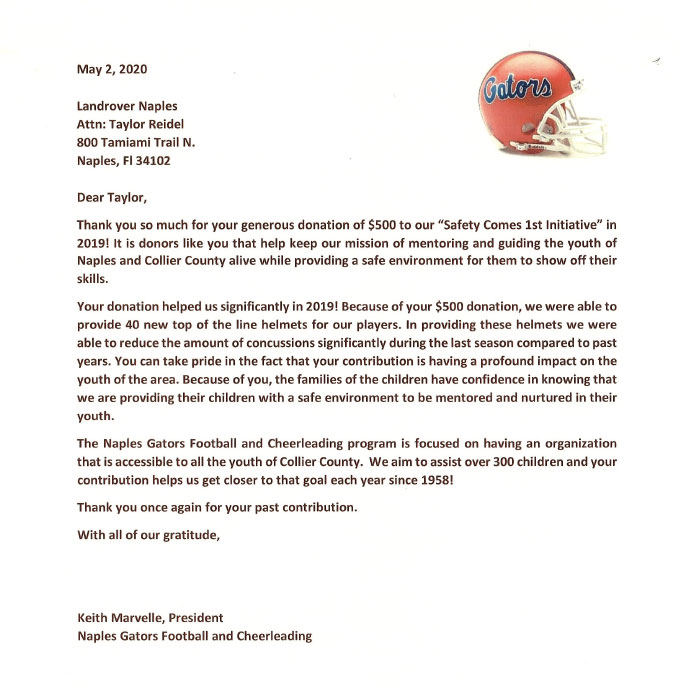 Naples Gators Football and Cheerleading Thank You Letter