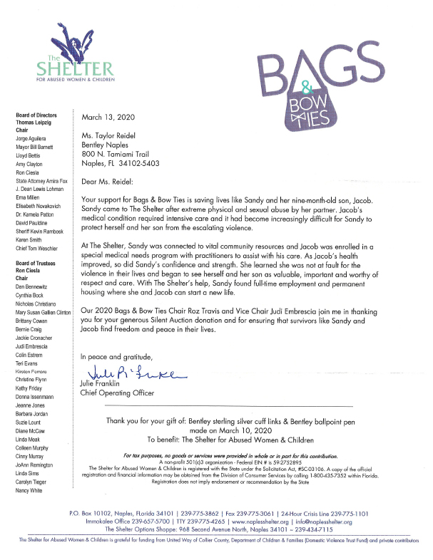 The Shelter for Abused Women & Children Thank You Letter