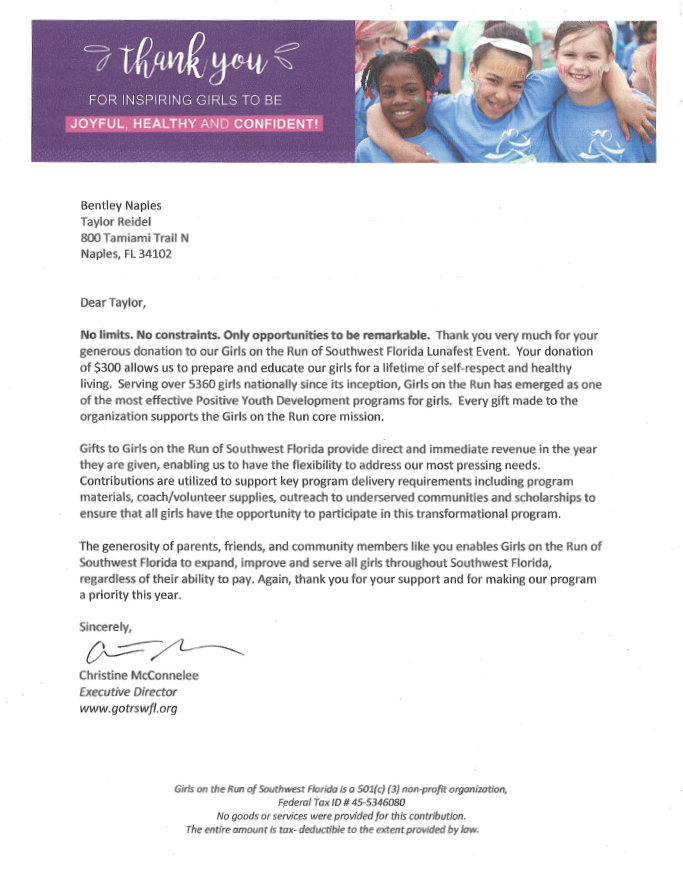 Girls on The Run of Southwest Florida Thank You Letter