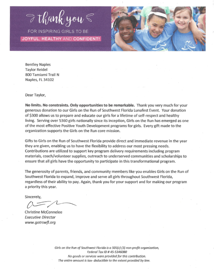 Girls on The Run of Southwest Florida Thank You Letter