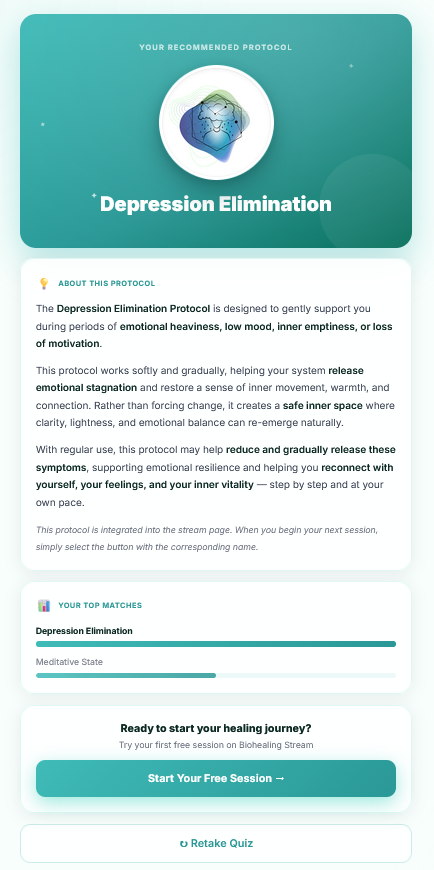 Biohealing Stream Quiz — Protocol Result Page