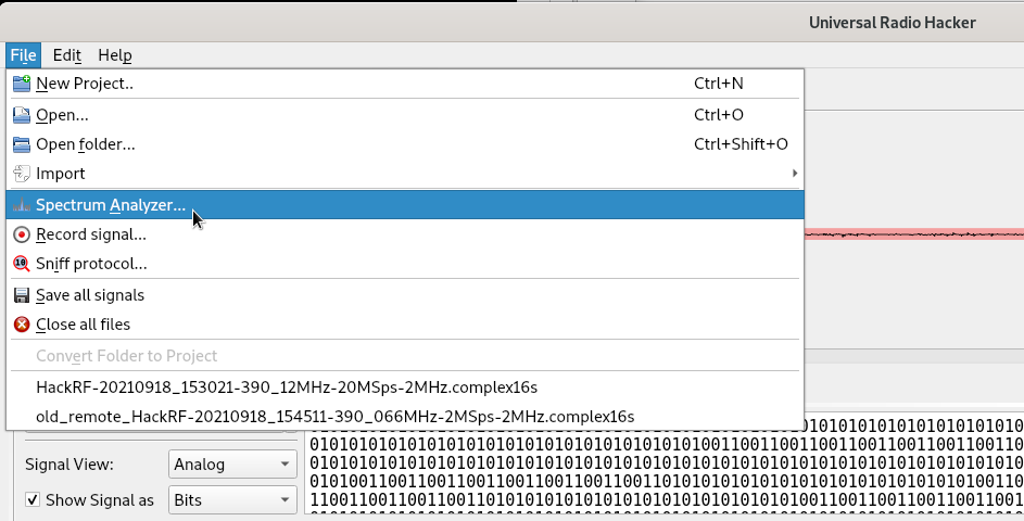 The File menu links to both the Spectrum Analyzer and Record functionality.