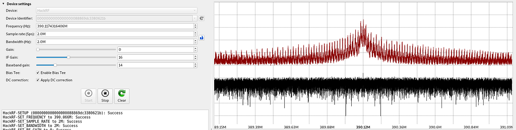 Frequency Spectogram, showing a clear peak at 390.1MHz — close enough.