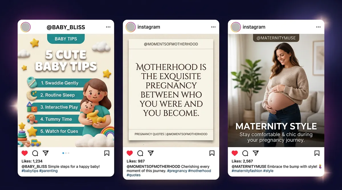 Three different post styles — 3D clay, elegant typography, and realistic photography