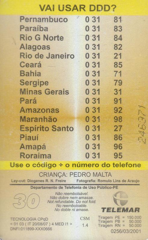 Vai Usar O Ddd - 0256 - N 14-63 - Serviços Telefonicos 31 PE-Telemar PE 20  Pernambuco Telpe - Brasil