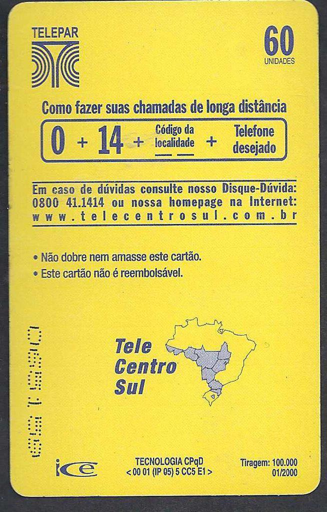 Coin Central De Atendimento 102-104-144 - 60 Créditos-020 - 19992000 - Logo Telepar Varias-Brasil Telecom PR 05 Paraná Telepar Brasil undefined
