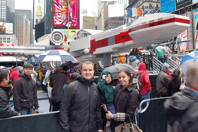 Uncle Josh, Calvin, and Aunt Bethany with a Lego X-Wing in Times Square
