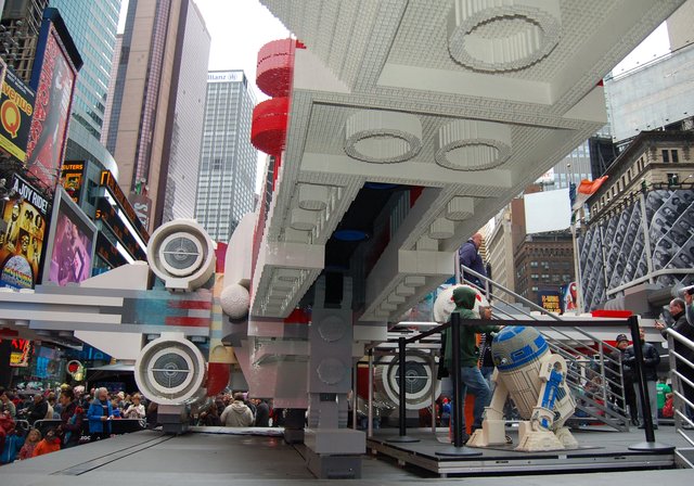 Underside of Lego X-Wing in Times Square