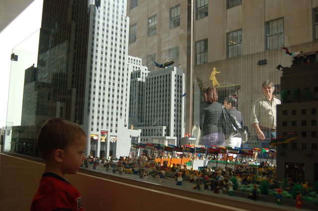 Calvin looks at the Lego model of Rockefeller Center