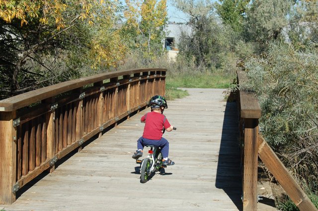 Calvin rides his pedal bike across a bridge