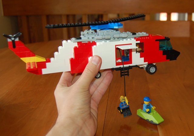 Lego Seahawk helicopter performing a rescue at sea