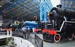 Steam engines surround the turntable at the National Railway Museum