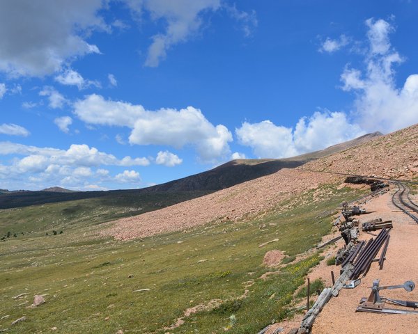 Cog railway running up the side of Pikes Peak