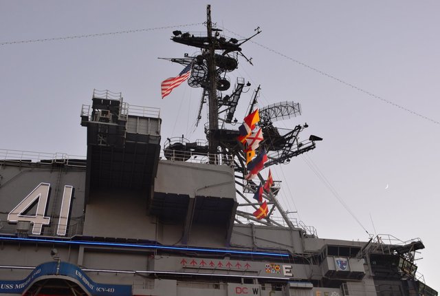 Island of USS Midway at dusk